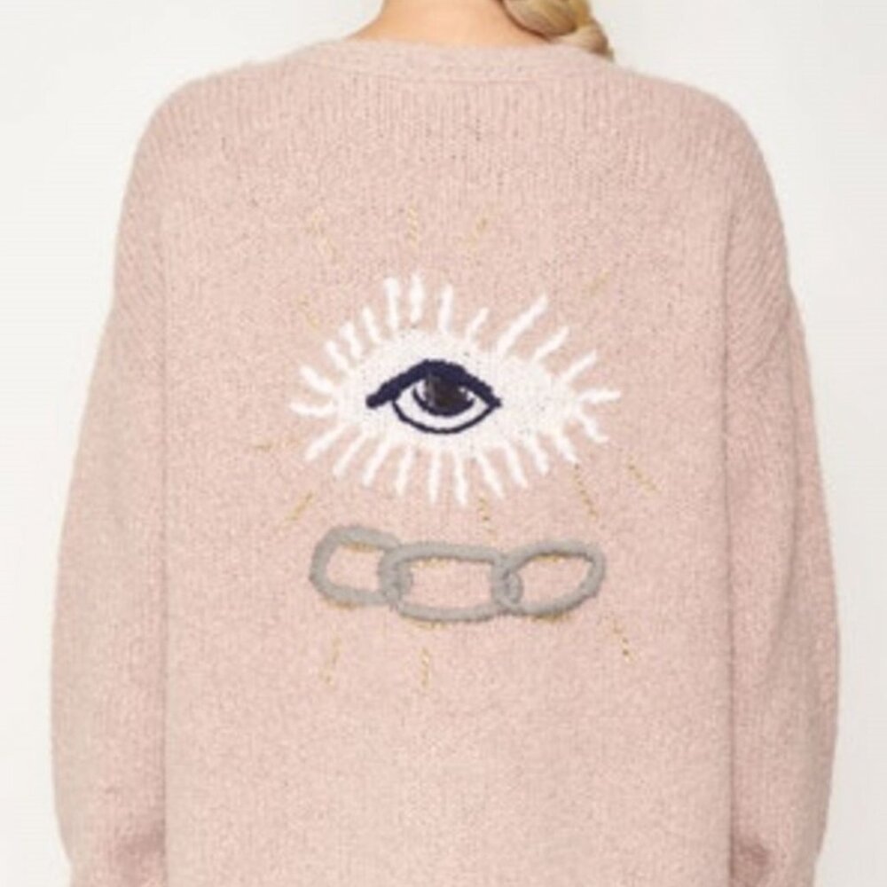 RAQUEL ALLEGRA DUSTY ROSE PINK   EYE EMBROIDERED ALPACA CARDIGAN 1 OR S